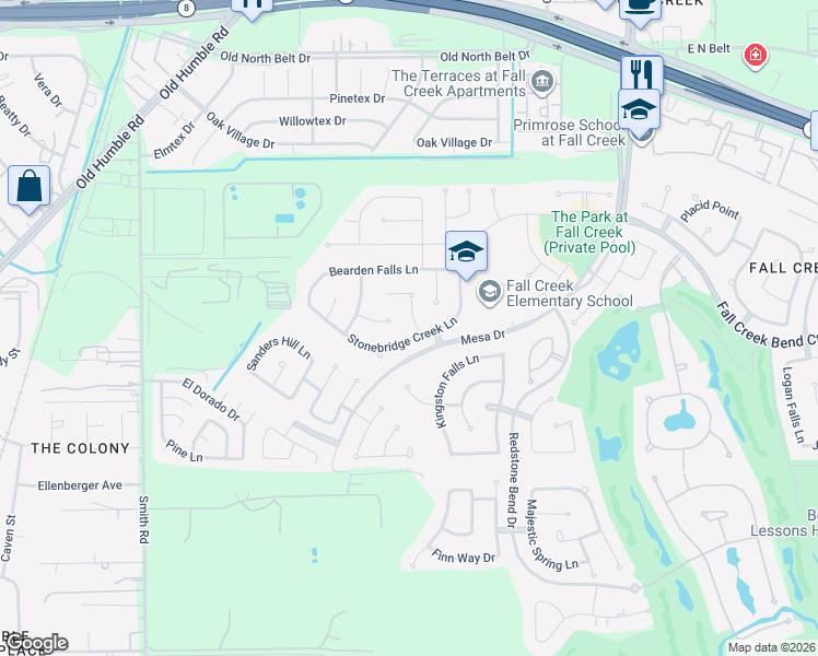 map of restaurants, bars, coffee shops, grocery stores, and more near 14507 Mist Creek Lane in Humble