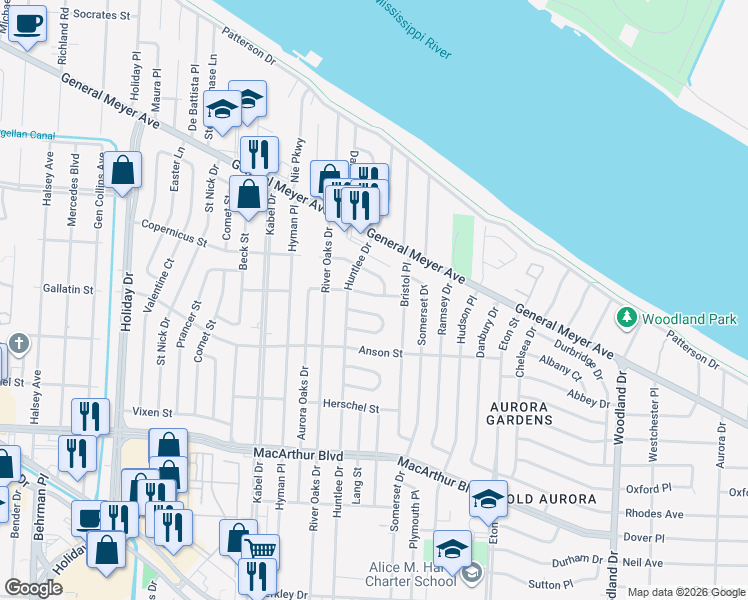 map of restaurants, bars, coffee shops, grocery stores, and more near 4625 Gallatin Street in New Orleans