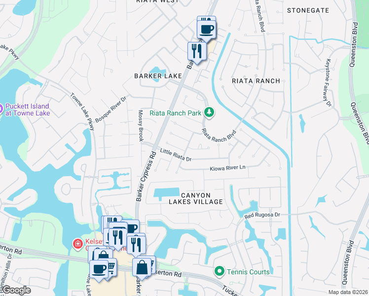 map of restaurants, bars, coffee shops, grocery stores, and more near 17502 Golden Glade Lane in Houston