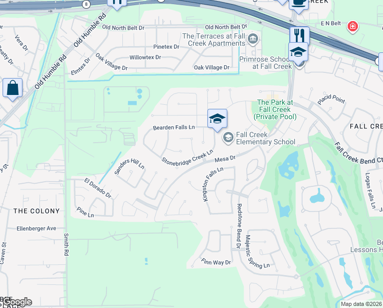 map of restaurants, bars, coffee shops, grocery stores, and more near 14507 Mist Creek Lane in Humble