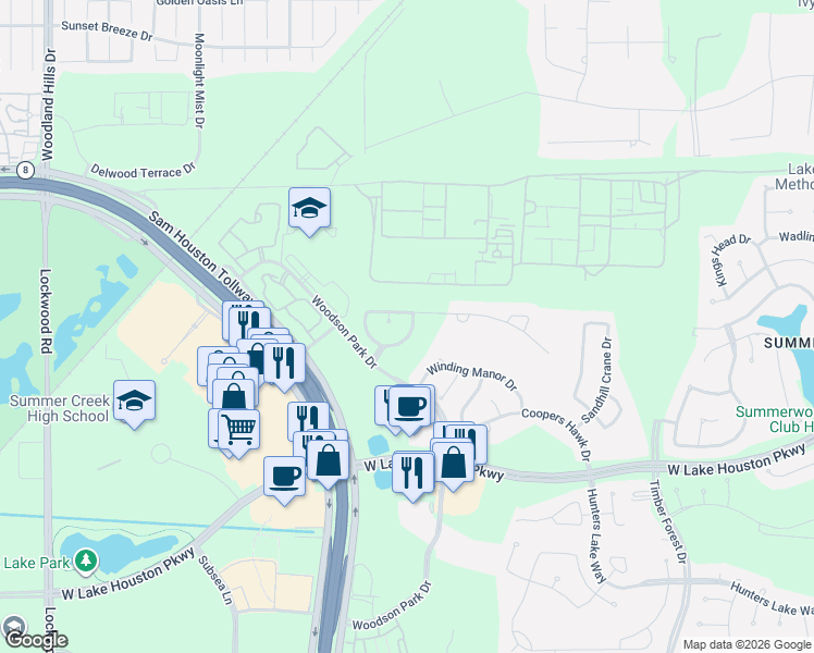 map of restaurants, bars, coffee shops, grocery stores, and more near 14218 Canton Spring Lane in Houston