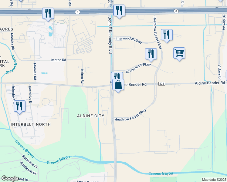 map of restaurants, bars, coffee shops, grocery stores, and more near 14446 John F Kennedy Boulevard in Houston