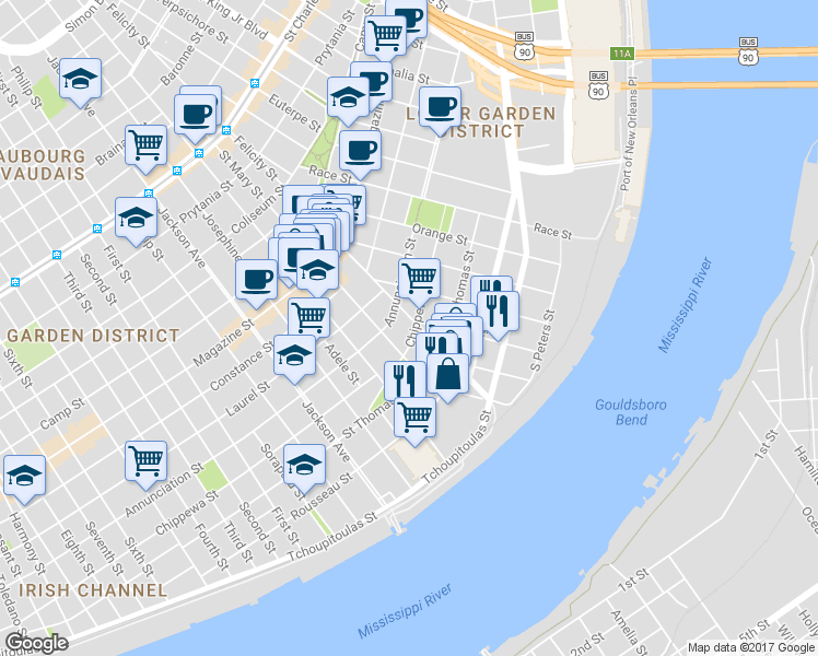 map of restaurants, bars, coffee shops, grocery stores, and more near 1811 Chippewa Street in New Orleans