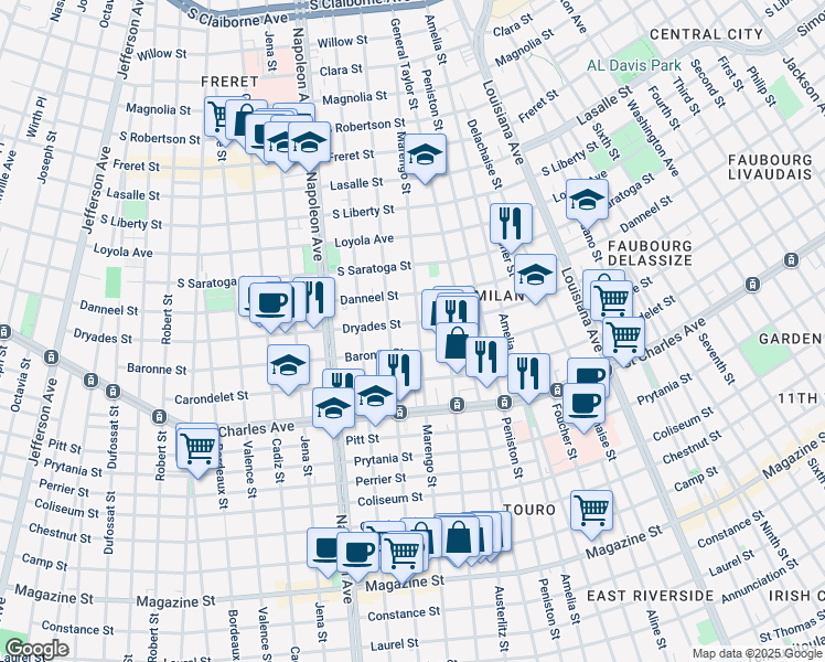 map of restaurants, bars, coffee shops, grocery stores, and more near 1828 Marengo Street in New Orleans