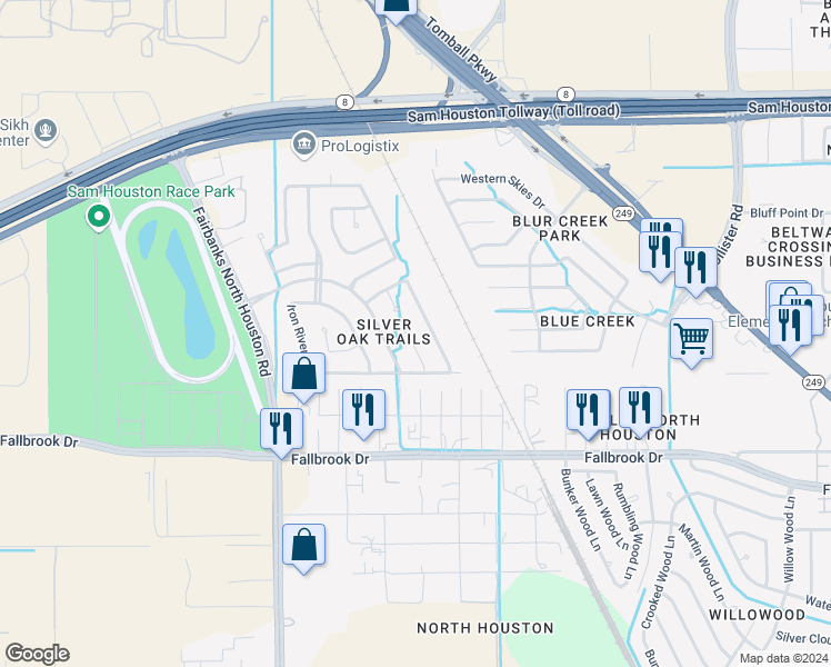 map of restaurants, bars, coffee shops, grocery stores, and more near 10038 Deer Track Court in Houston