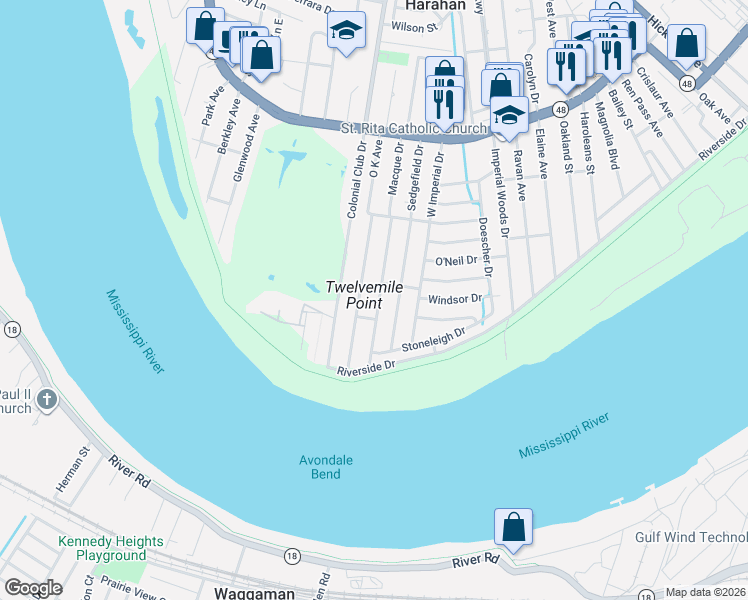 map of restaurants, bars, coffee shops, grocery stores, and more near 59 Donelon Drive in Harahan