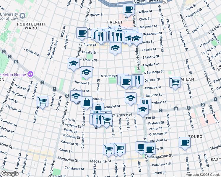 map of restaurants, bars, coffee shops, grocery stores, and more near 4727 Dryades Street in New Orleans