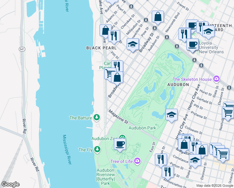 map of restaurants, bars, coffee shops, grocery stores, and more near 274 Audubon Street in New Orleans