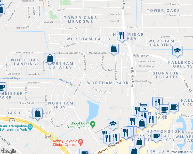 map of restaurants, bars, coffee shops, grocery stores, and more near Wilderness Hill Dr & Orchard Hollow Way in Harris