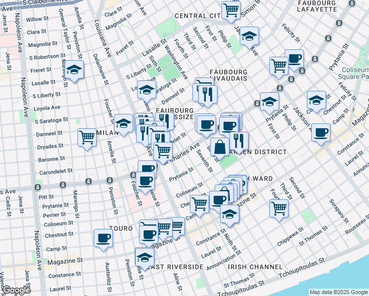 map of restaurants, bars, coffee shops, grocery stores, and more near 3028 Saint Charles Avenue in New Orleans