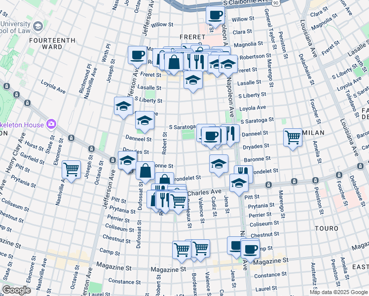 map of restaurants, bars, coffee shops, grocery stores, and more near 4727 Dryades Street in New Orleans