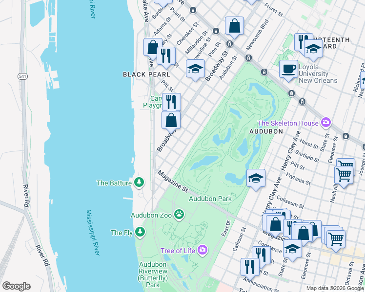 map of restaurants, bars, coffee shops, grocery stores, and more near 303 Walnut Street in New Orleans