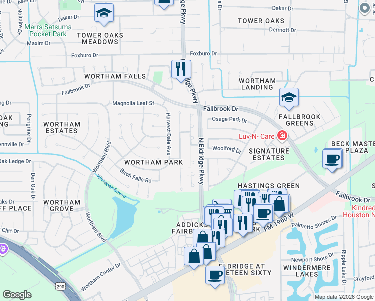 map of restaurants, bars, coffee shops, grocery stores, and more near 11214 Carriage Lake Drive in Houston