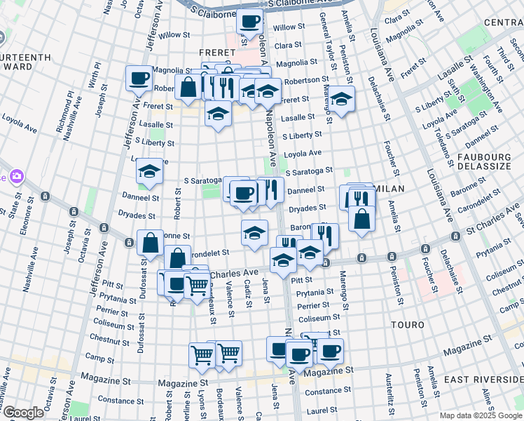 map of restaurants, bars, coffee shops, grocery stores, and more near 4439 Dryades Street in New Orleans