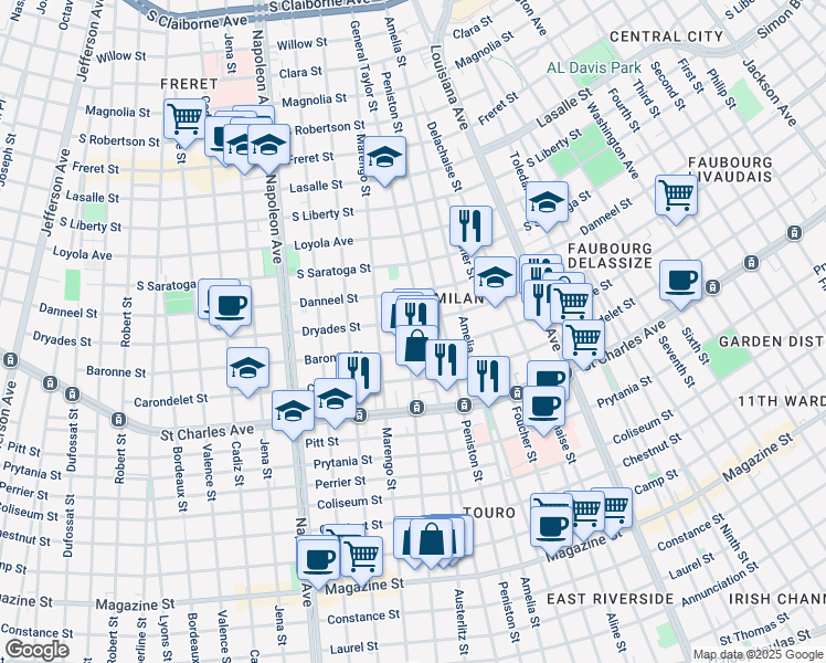 map of restaurants, bars, coffee shops, grocery stores, and more near 1829 Constantinople St in New Orleans