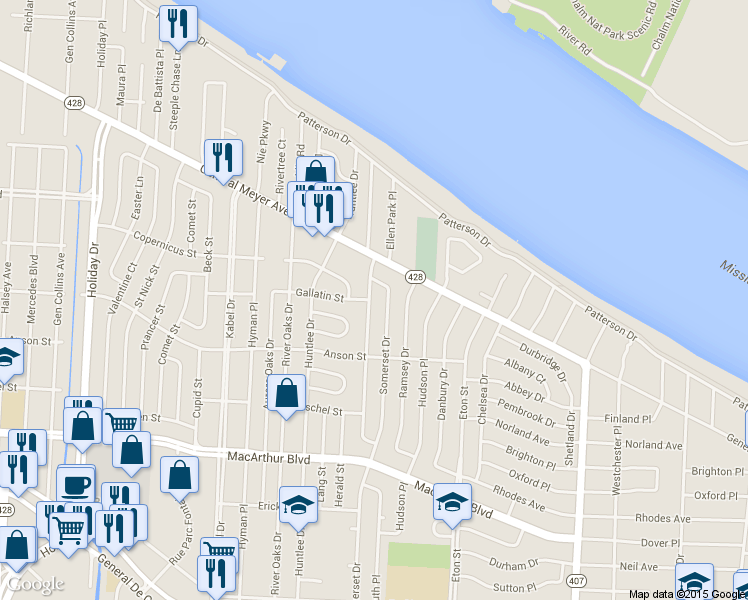 map of restaurants, bars, coffee shops, grocery stores, and more near 2328 Bristol Place in New Orleans