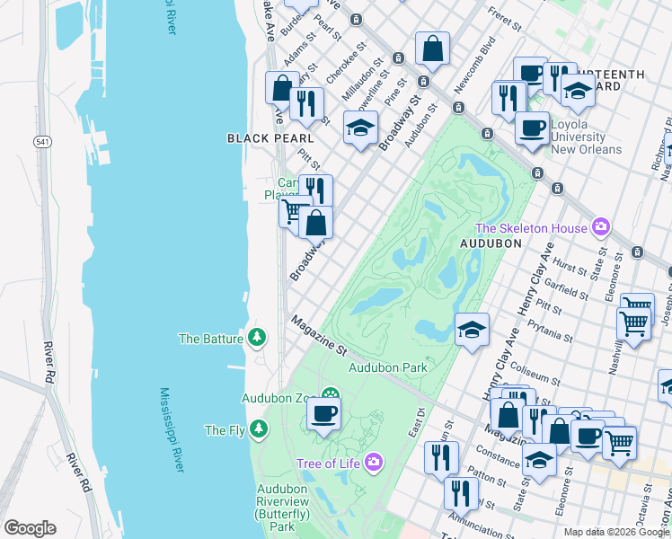 map of restaurants, bars, coffee shops, grocery stores, and more near 303 Walnut Street in New Orleans