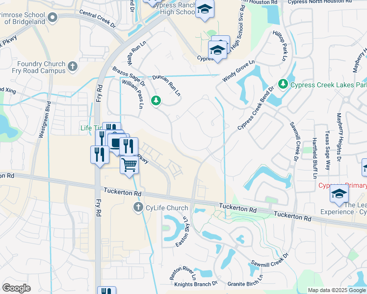 map of restaurants, bars, coffee shops, grocery stores, and more near 10134 Peytons Grace Lane in Cypress