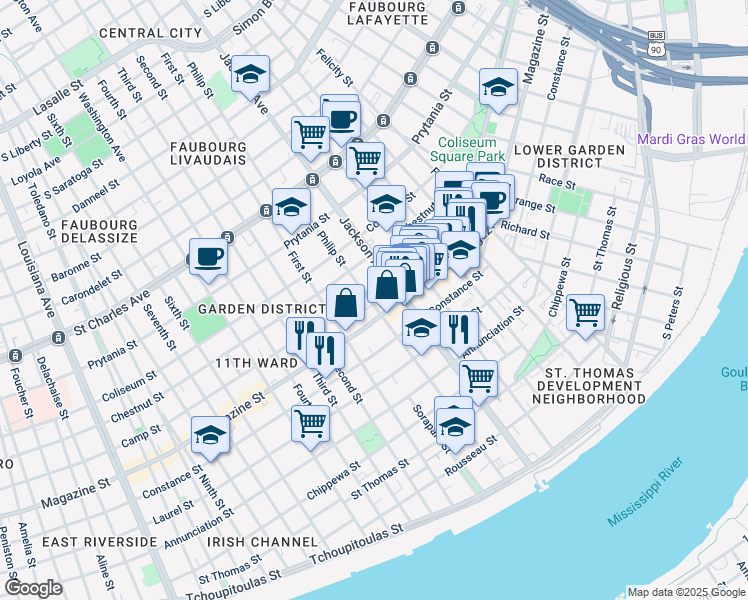 map of restaurants, bars, coffee shops, grocery stores, and more near 1125 Philip Street in New Orleans