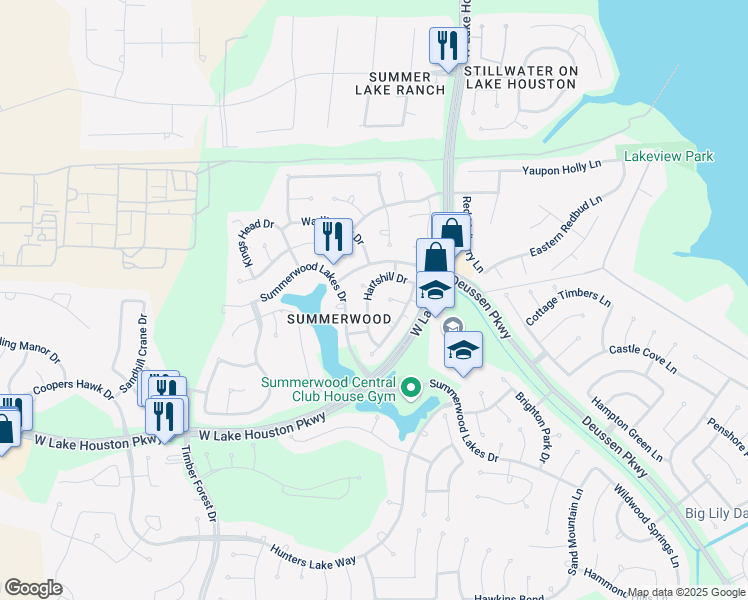 map of restaurants, bars, coffee shops, grocery stores, and more near 14322 Hartshill Dr in Houston