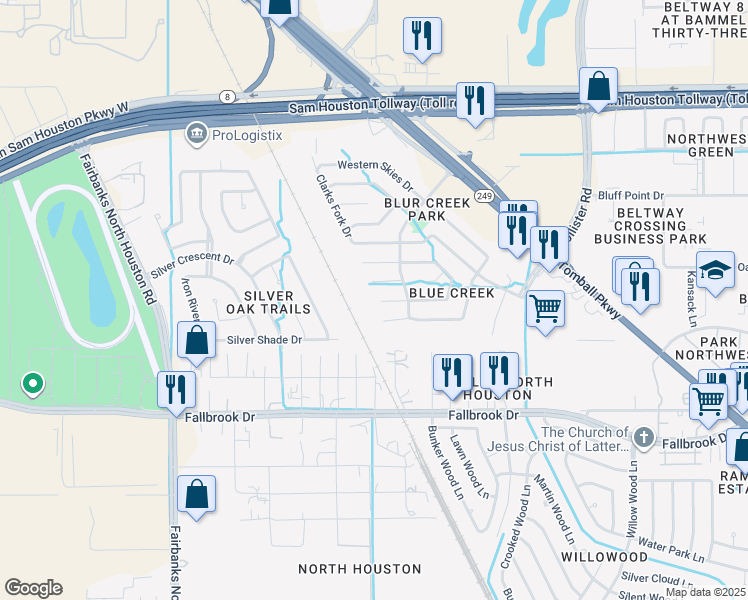 map of restaurants, bars, coffee shops, grocery stores, and more near 15434 Kellerwood Drive in Houston