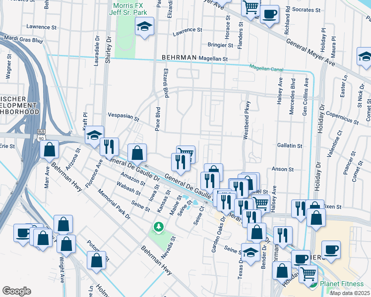 map of restaurants, bars, coffee shops, grocery stores, and more near 2240-2340 Murl St in New Orleans