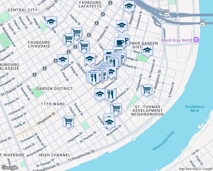 map of restaurants, bars, coffee shops, grocery stores, and more near 1022 Josephine Street in New Orleans