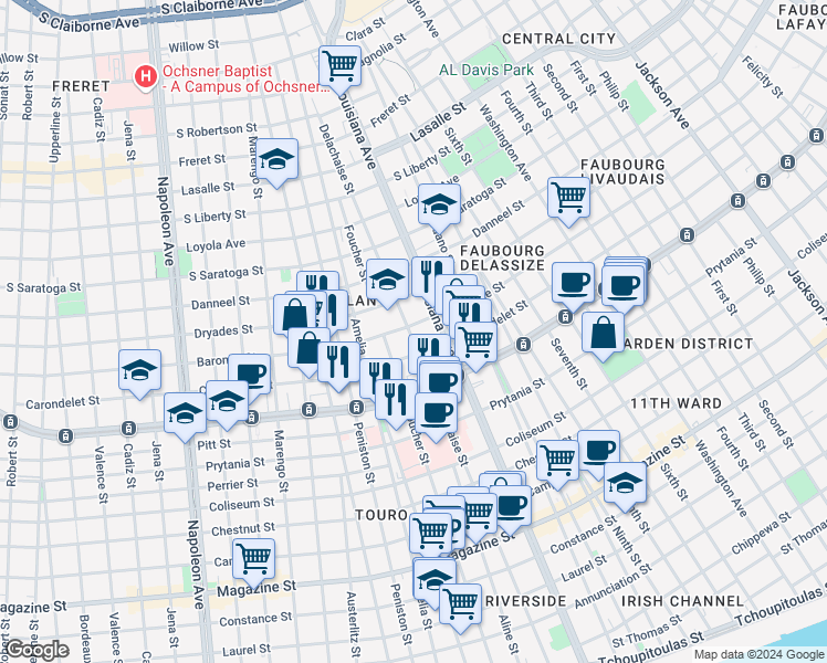 map of restaurants, bars, coffee shops, grocery stores, and more near 1725 Delachaise Street in New Orleans