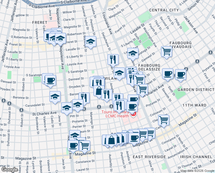 map of restaurants, bars, coffee shops, grocery stores, and more near 3717 Baronne Street in New Orleans
