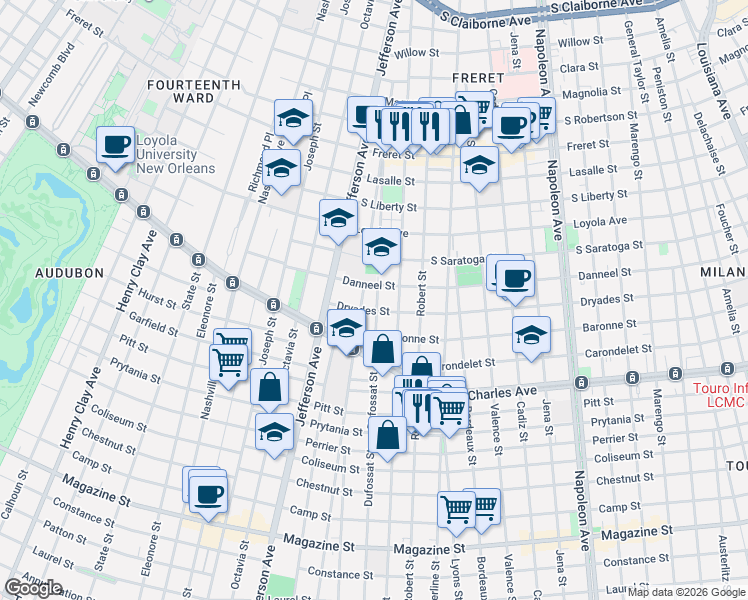 map of restaurants, bars, coffee shops, grocery stores, and more near 1715 Valmont Street in New Orleans