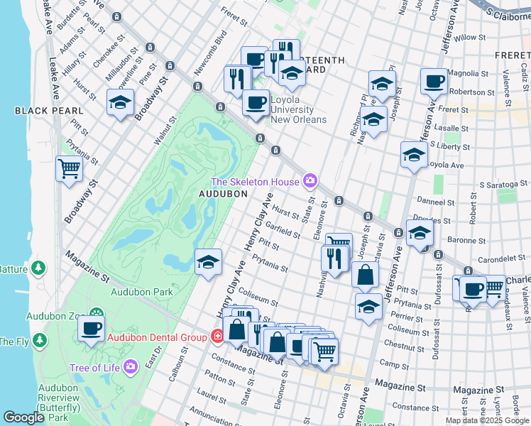 map of restaurants, bars, coffee shops, grocery stores, and more near 1445 Henry Clay Avenue in New Orleans
