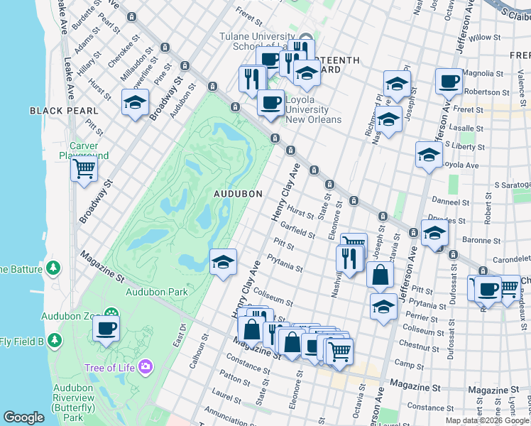 map of restaurants, bars, coffee shops, grocery stores, and more near 1445 Henry Clay Avenue in New Orleans