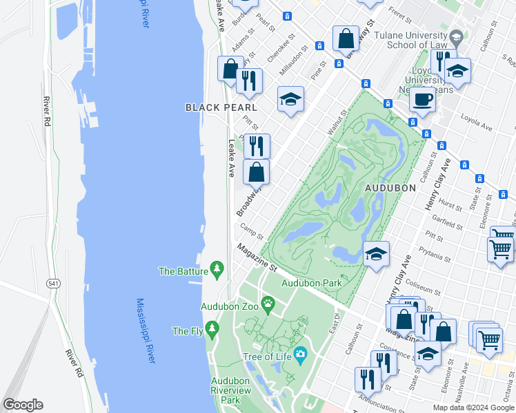 map of restaurants, bars, coffee shops, grocery stores, and more near 274 Audubon Street in New Orleans
