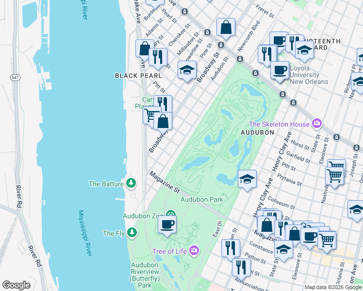 map of restaurants, bars, coffee shops, grocery stores, and more near 303 Walnut Street in New Orleans