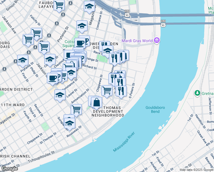 map of restaurants, bars, coffee shops, grocery stores, and more near 1681 Saint Thomas Street in New Orleans