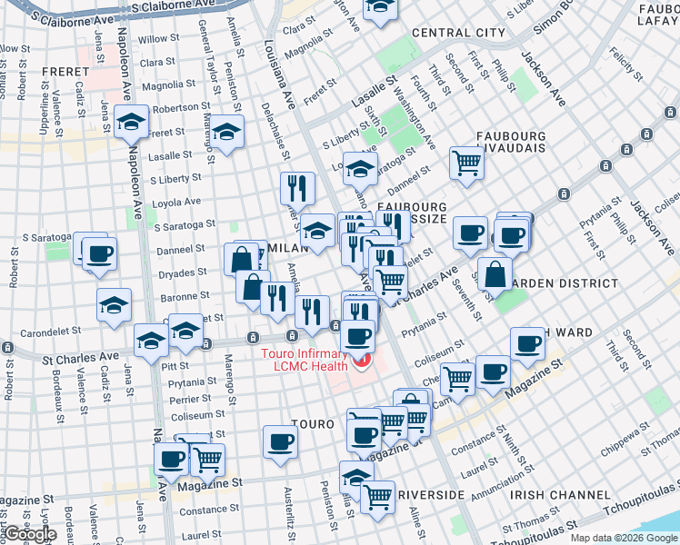 map of restaurants, bars, coffee shops, grocery stores, and more near 1725 Delachaise Street in New Orleans