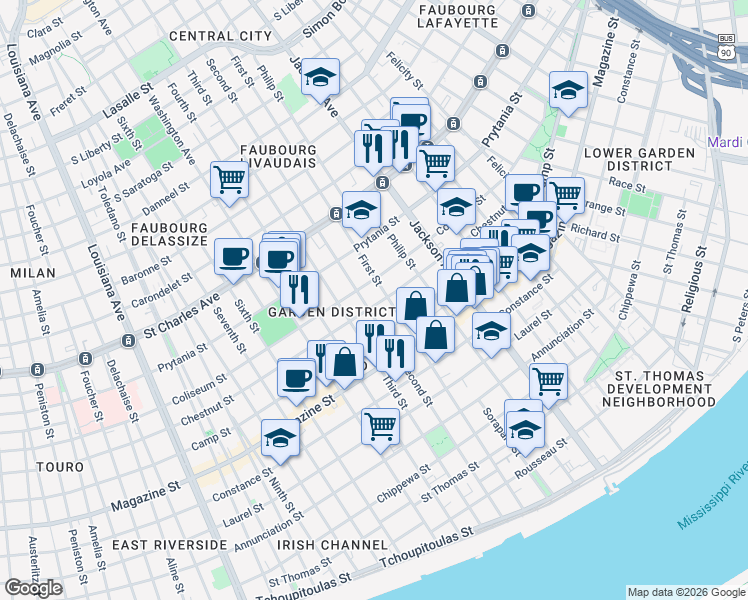 map of restaurants, bars, coffee shops, grocery stores, and more near 2419 Chestnut Street in New Orleans