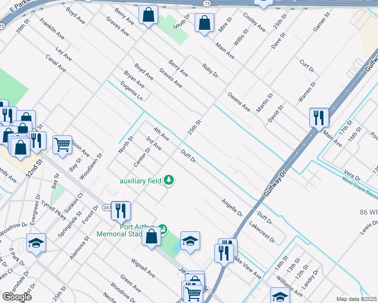 map of restaurants, bars, coffee shops, grocery stores, and more near 2500 Duff Dr in Port Arthur