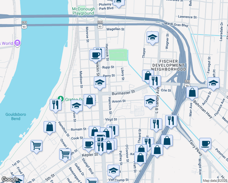map of restaurants, bars, coffee shops, grocery stores, and more near 955 Burmaster Street in Gretna