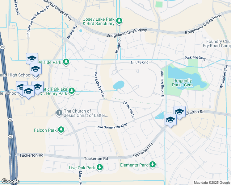 map of restaurants, bars, coffee shops, grocery stores, and more near Bluegill Drive in Cypress