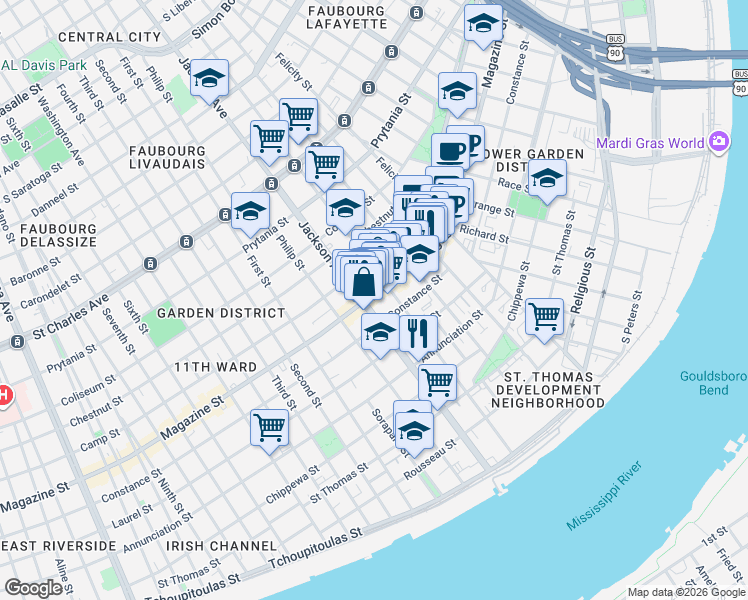 map of restaurants, bars, coffee shops, grocery stores, and more near in New Orleans
