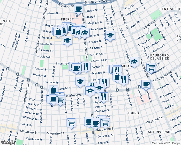 map of restaurants, bars, coffee shops, grocery stores, and more near in New Orleans