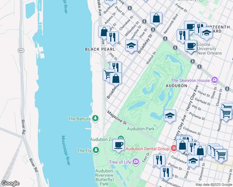 map of restaurants, bars, coffee shops, grocery stores, and more near 274 Audubon Street in New Orleans