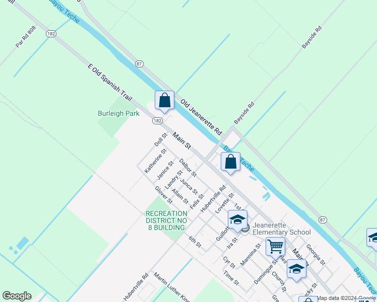 map of restaurants, bars, coffee shops, grocery stores, and more near 2906 Dalbor Street in Jeanerette