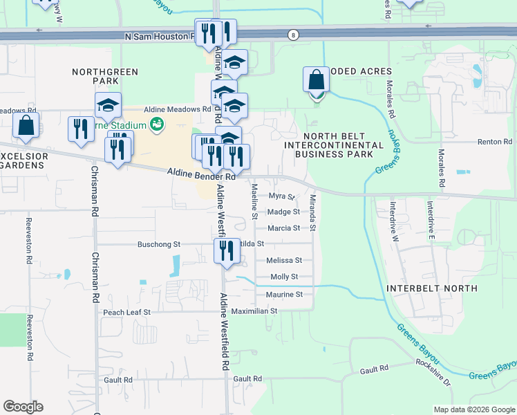 map of restaurants, bars, coffee shops, grocery stores, and more near 2106 Madge Street in Houston