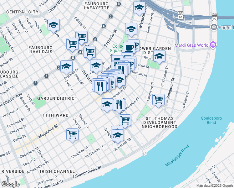 map of restaurants, bars, coffee shops, grocery stores, and more near 2029 Constance Street in New Orleans