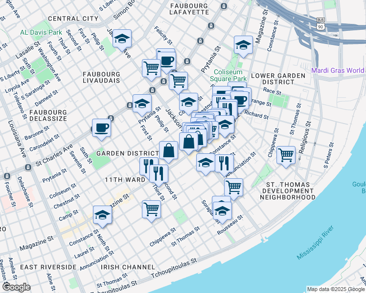 map of restaurants, bars, coffee shops, grocery stores, and more near 1131 Philip Street in New Orleans