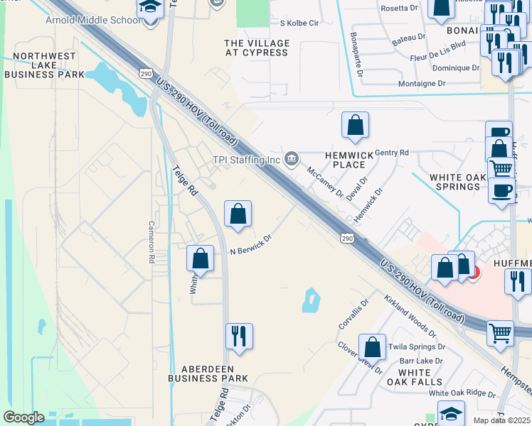map of restaurants, bars, coffee shops, grocery stores, and more near 22008 North Berwick Drive in Houston