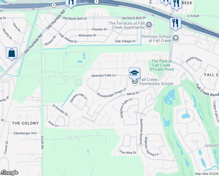 map of restaurants, bars, coffee shops, grocery stores, and more near 7327 Crescent Bridge Court in Humble