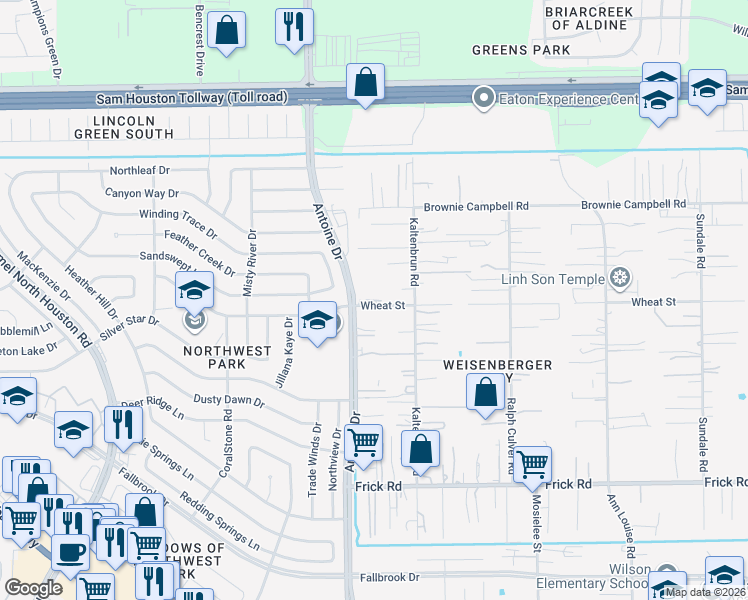 map of restaurants, bars, coffee shops, grocery stores, and more near 3406 Wheat Street in Houston